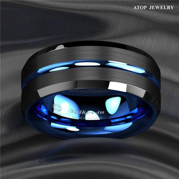 Men's Wedding Band - Blue Line Black Brushed Ring for Men and Women - Picture 4 of 5